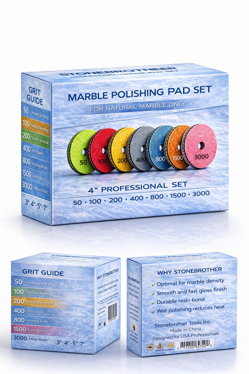 Stonebrother 4” Dry Diamond Polishing Pads 7PCS Set for Quartz Granite Marble