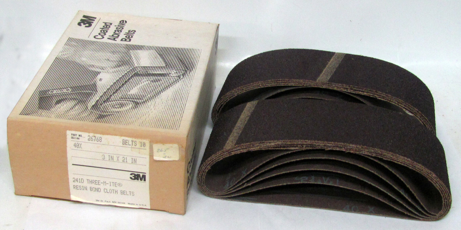 Lot of 10 x 3M 241D Three-M-Ite Resin Bond Cloth Sanding Belts 3″ x 21″ 40x Grit