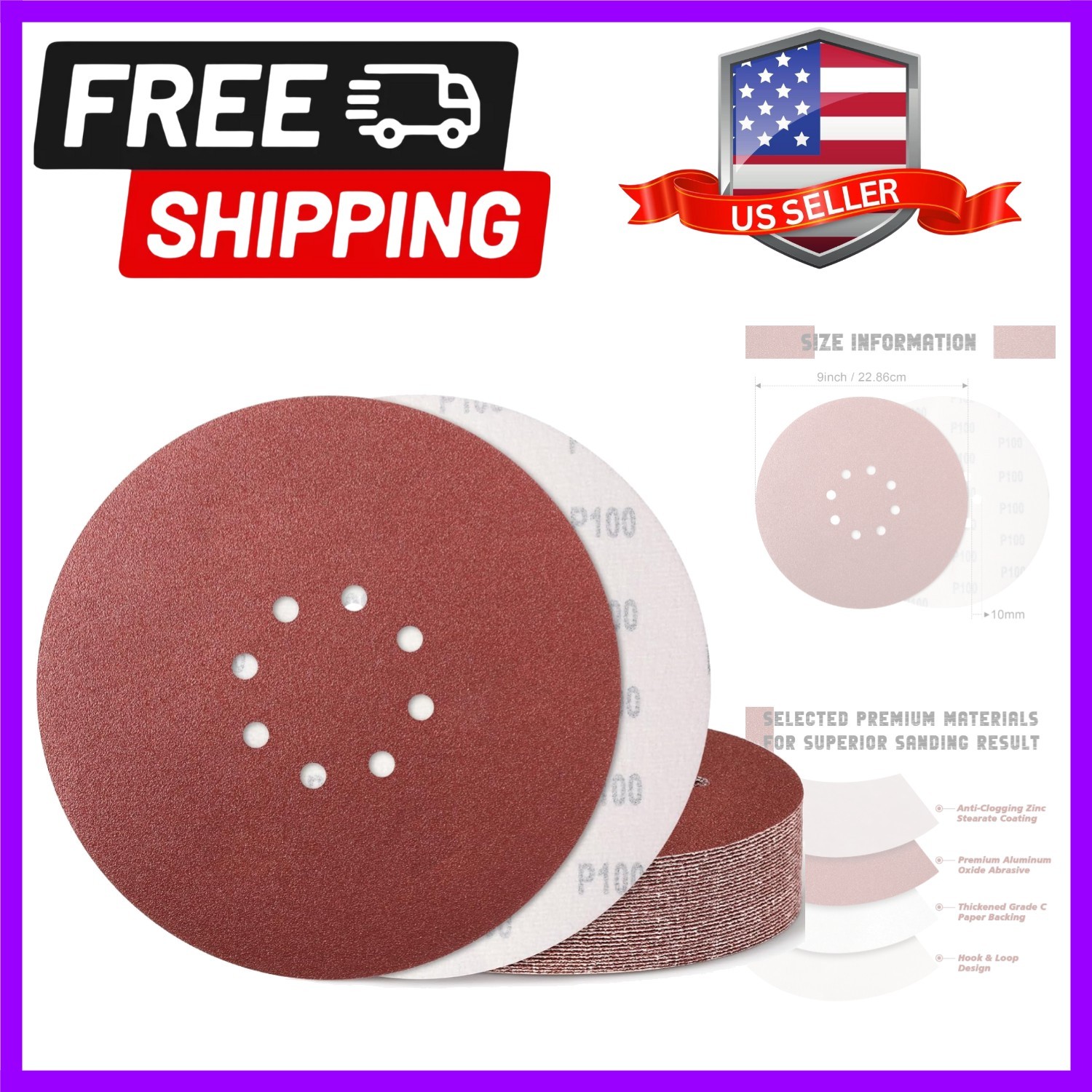 9 Inch 8 Hole Sanding Disc, 100 Grit 15 Pieces Hook and Loop Sandpaper Alumin…