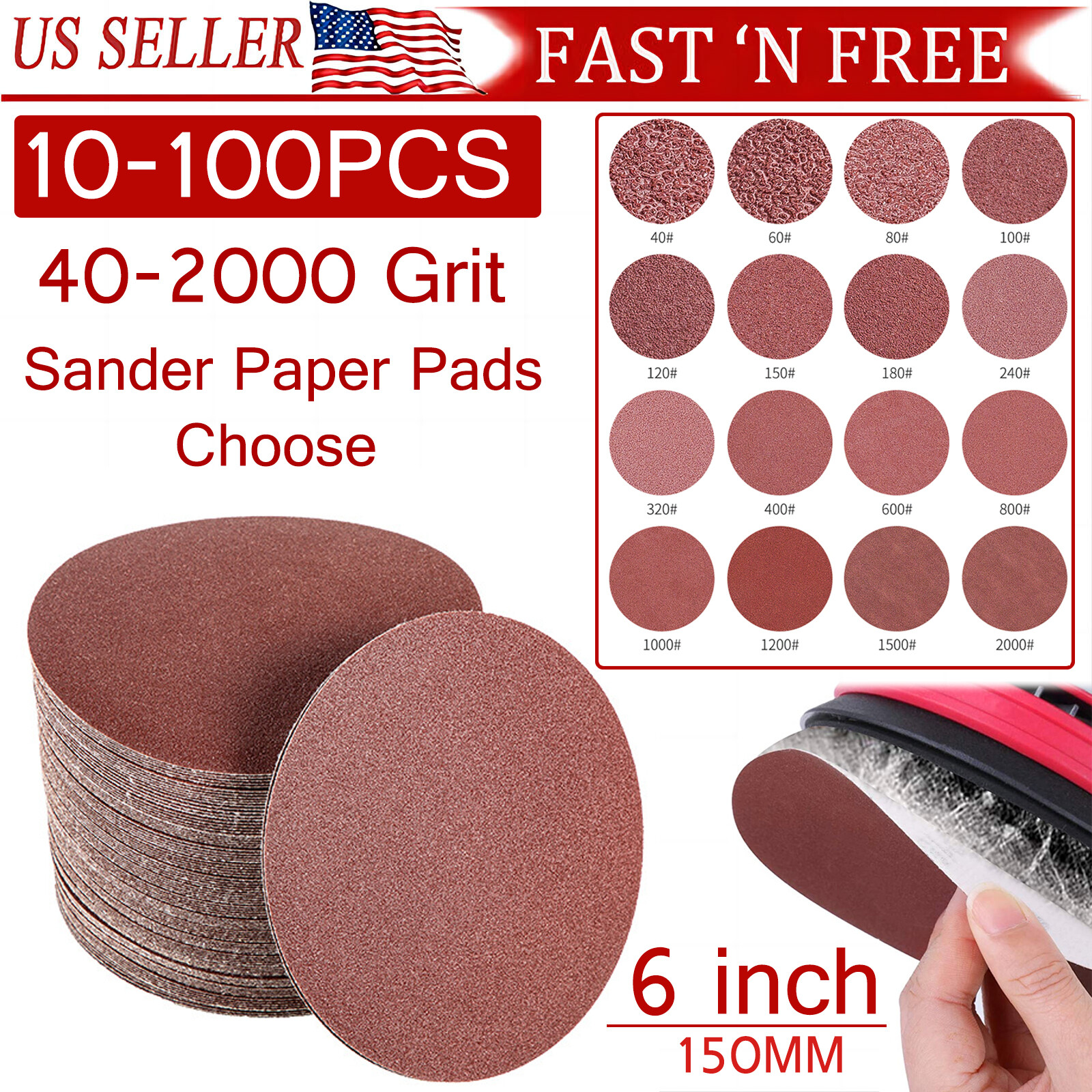 10-100PCS 6 inch Hook Loop Sanding Discs 40-2000 Grit Orbital Sander Paper Pads