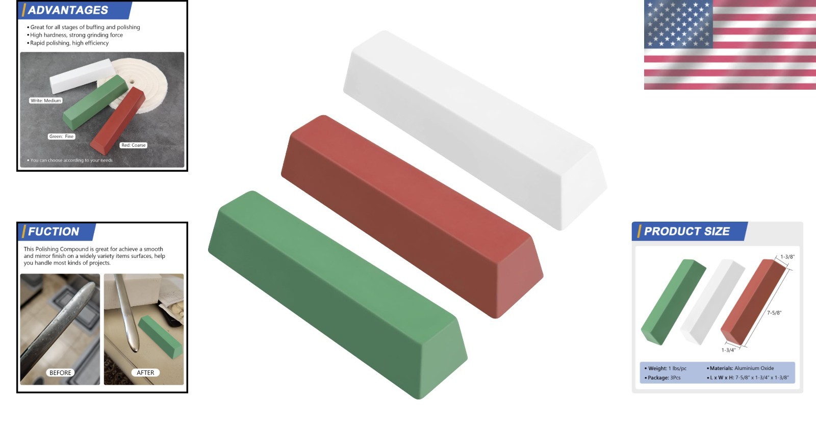 Buffing Polishing Kit – 3 lbs. Green/White/Red Rouge Bars