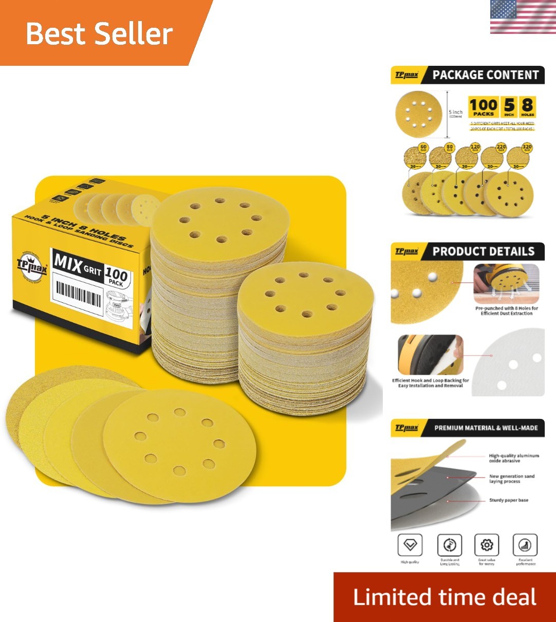 Sanding Discs 5 Inch 125mm Grit Variety Pack 60 80 120 220 320 Hook Loop