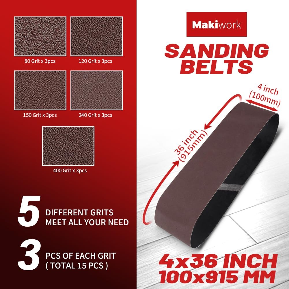 4 x 36 Inch 100 x 915 mm Sanding Belts Set – 15-Pack with 4 x 36(15pcs)