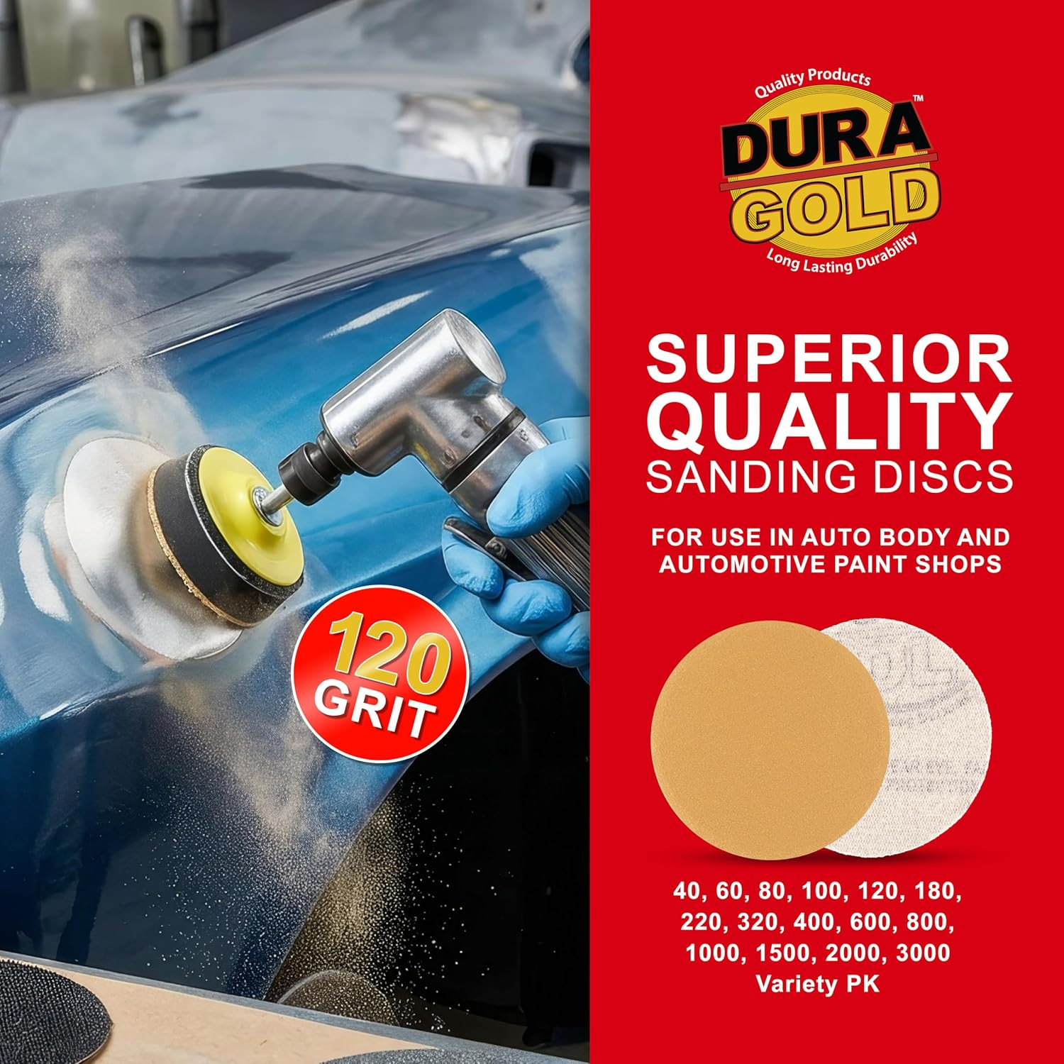 – Premium – 120 Grit 3″ Gold Hook & Loop Sanding Discs for DA Sanders