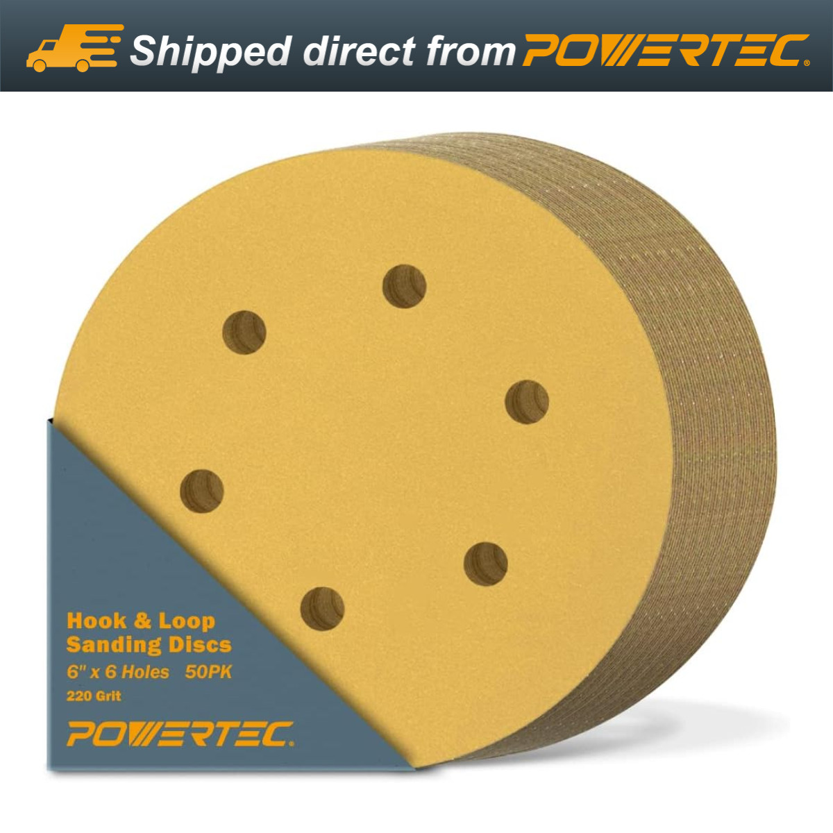 POWERTEC 45222G-50 Gold 6″ Hook and Loop Sanding Disc, 6 Hole, 220 Grit, 50 PK