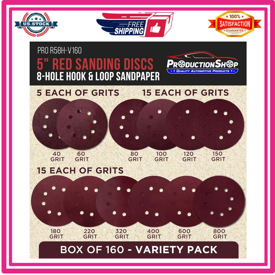 5in 8 Hole Sanding Discs 160 Pack 40-800 Grit Hook Loop Orbital