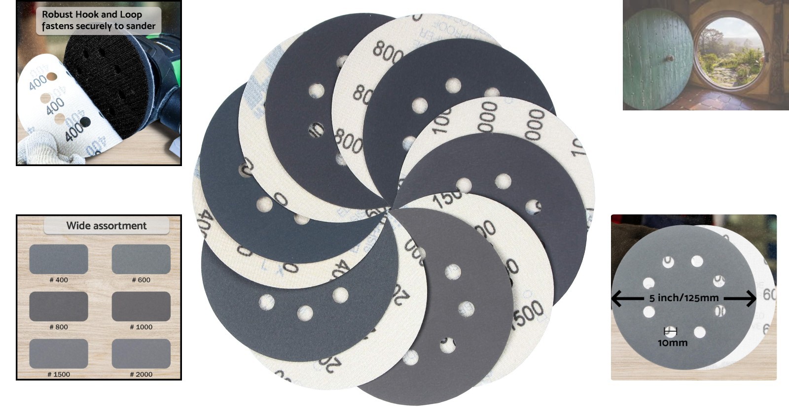5 Inch Hook & Loop Sandpaper Set – 60 Discs with Tack Cloth for Dustless Finish
