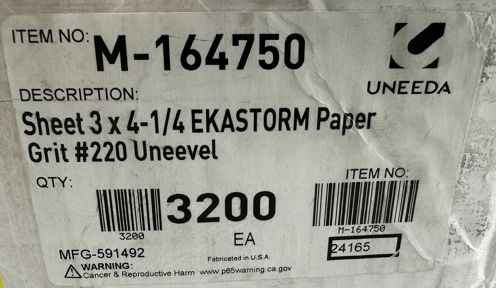 (Case of 3200 sheets) Uneeda Sandpaper Sheets 3 x 4. 25″ Ekastorm Grit #220
