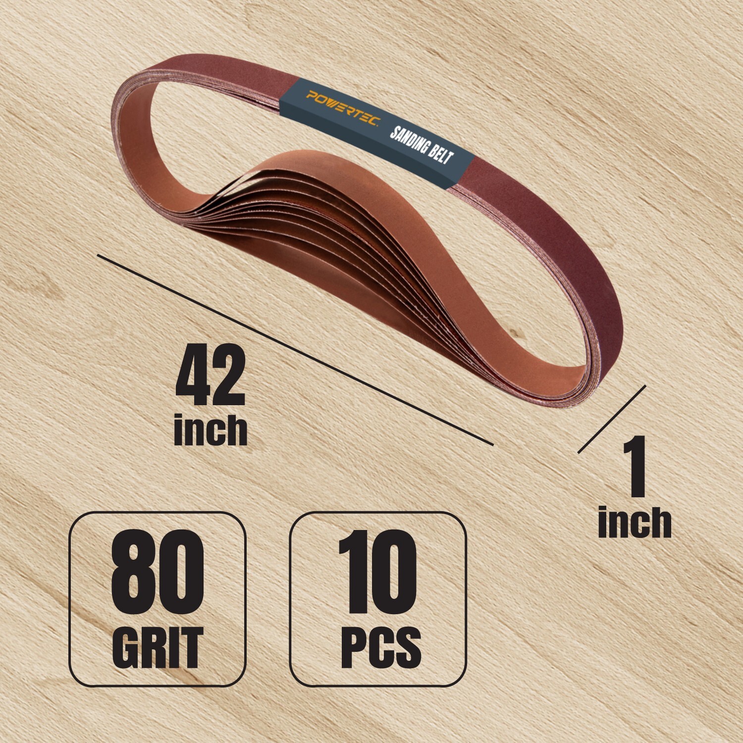POWERTEC 1 x 42″ Sanding Belts 80 Grit Aluminum Oxide A/O Belts 10 pcs