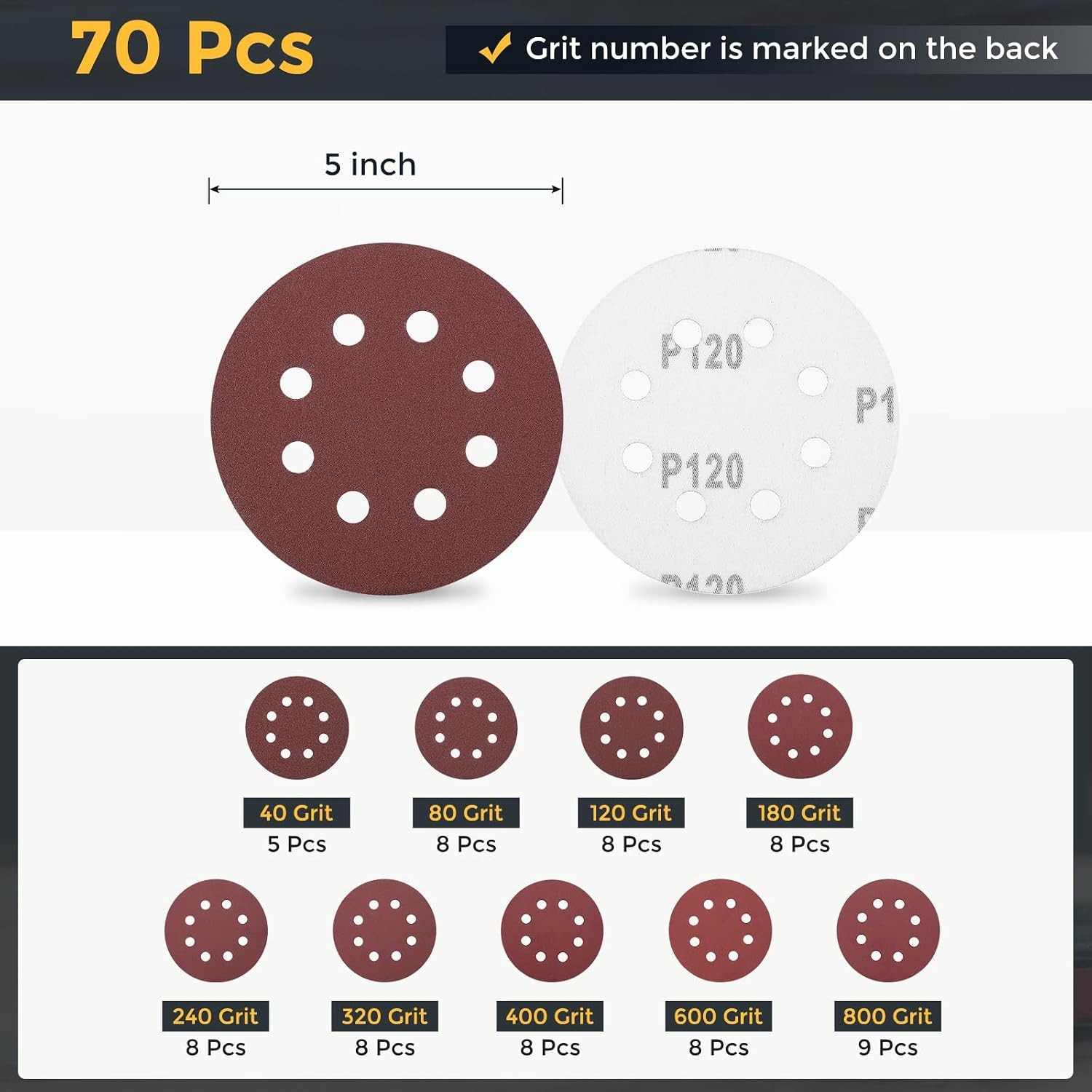 70 Pcs 5 In Sanding Disc 8 Hole 40/80/120/180/240/320/400/600/800 Grit Hook Loop