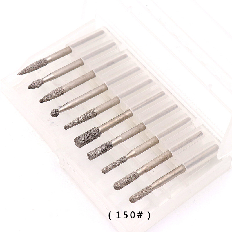 10pcs/set 3mm Shank Brazed Diamond Grinding Heads Burr Drill Bits Carving Tool