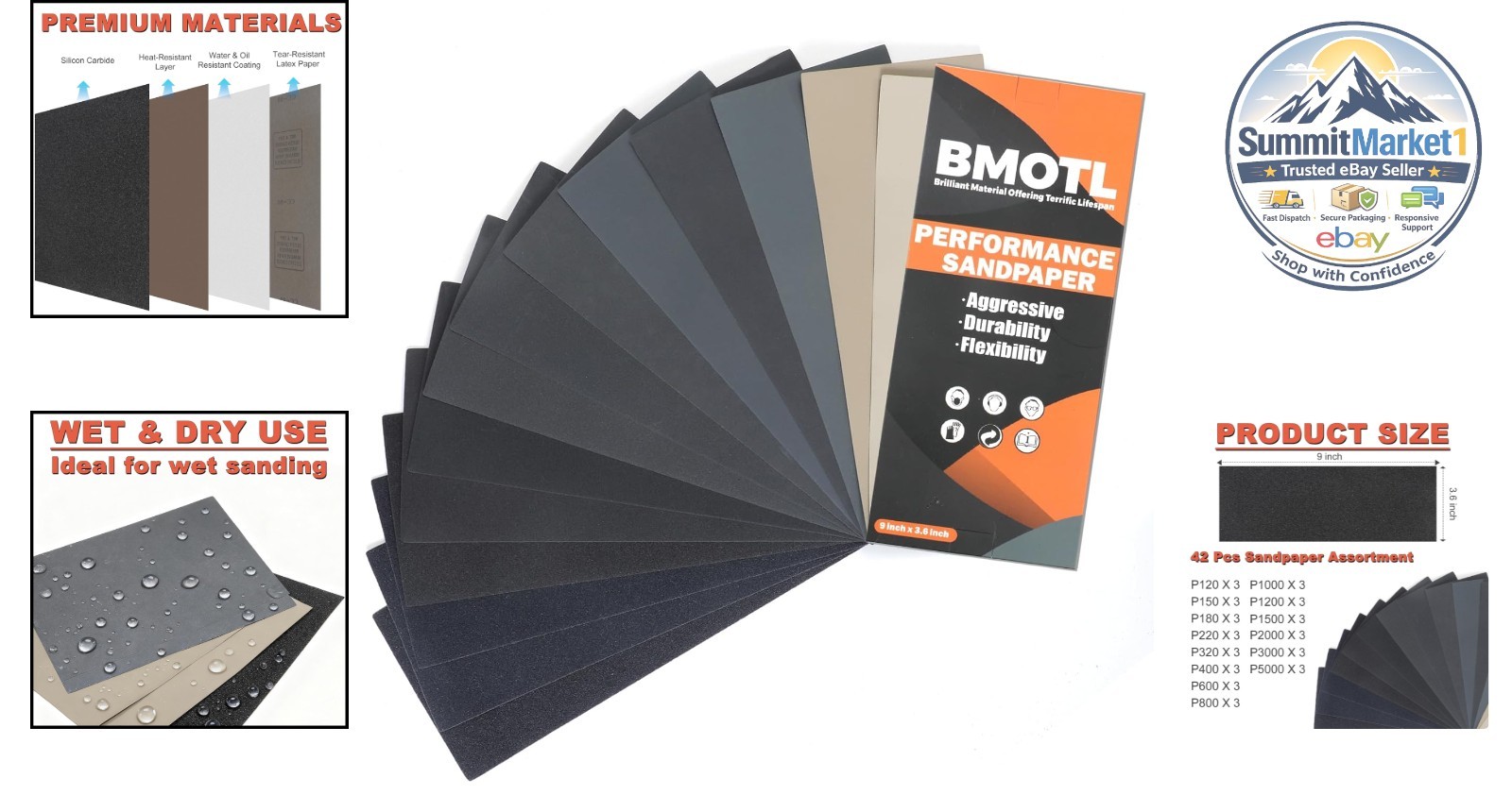 Wet Dry Sandpaper Sheets 9×3.6, 42Pcs Assorted Grit 120-5000