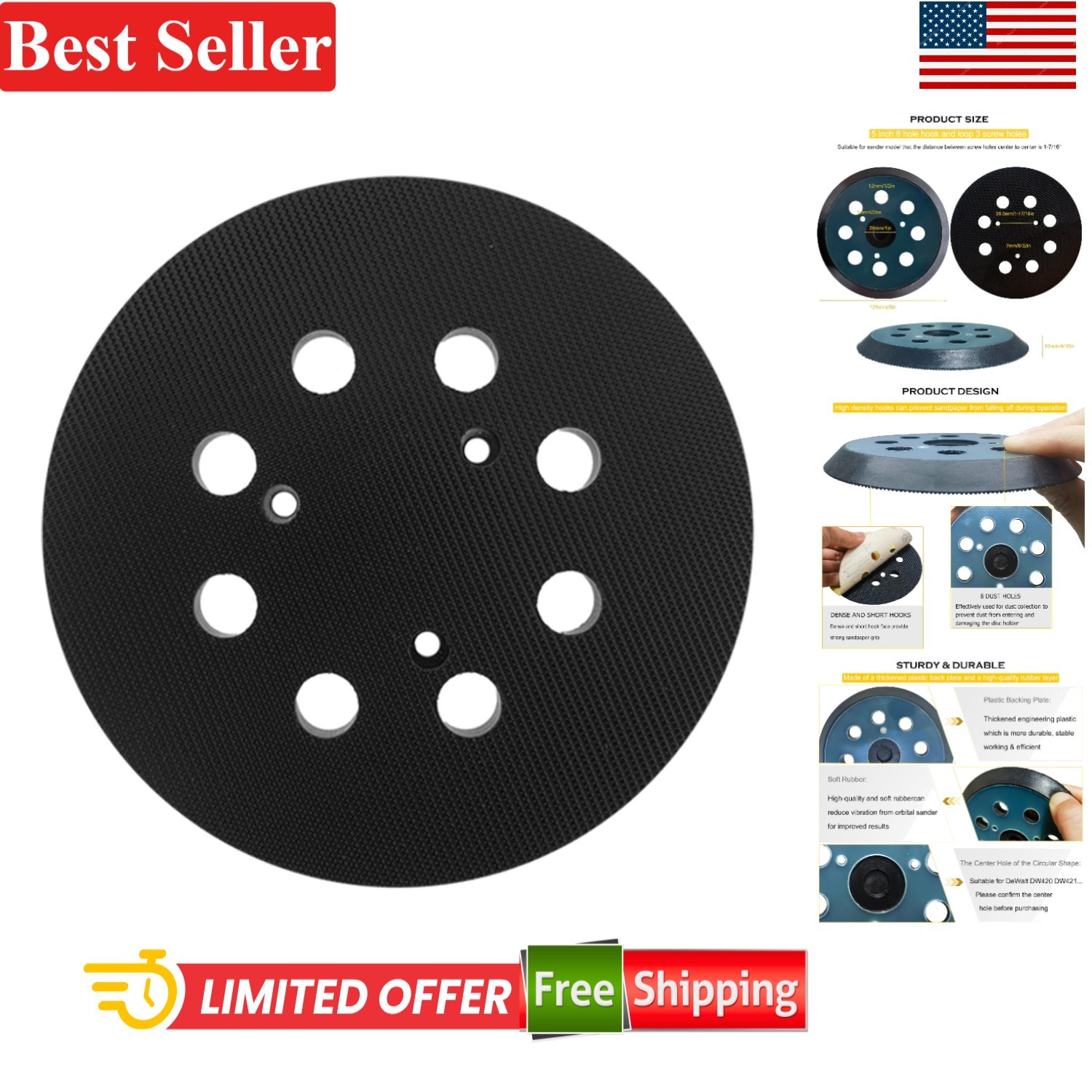 5 In Hook and Loop Sander Pad Compatible With Porter Cable Orbit Sander 120 G…