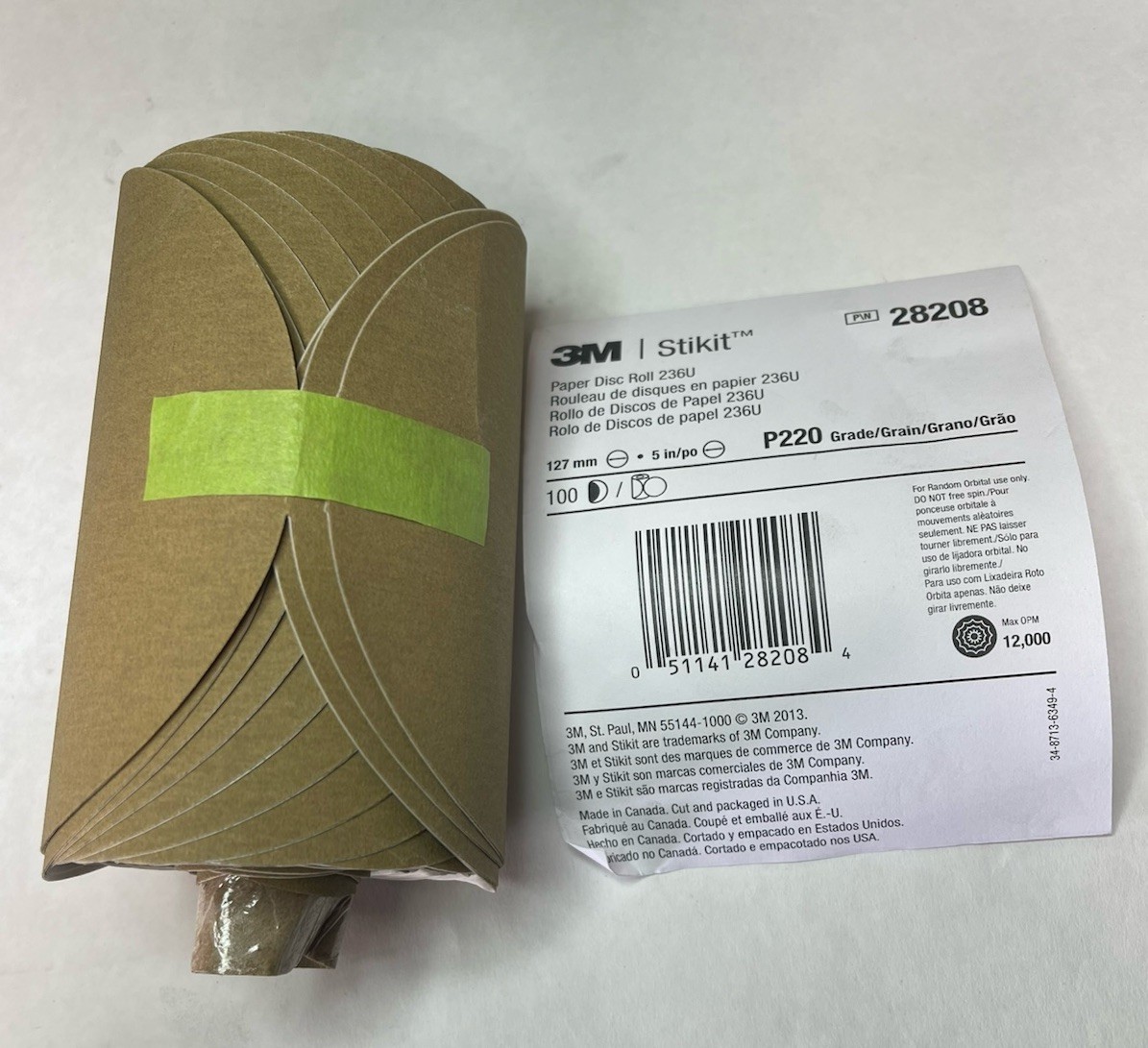3M Stikit Paper Disc Roll 236U, P220 127mm, 5 in x NH, Linered Qty.100(26MY1)