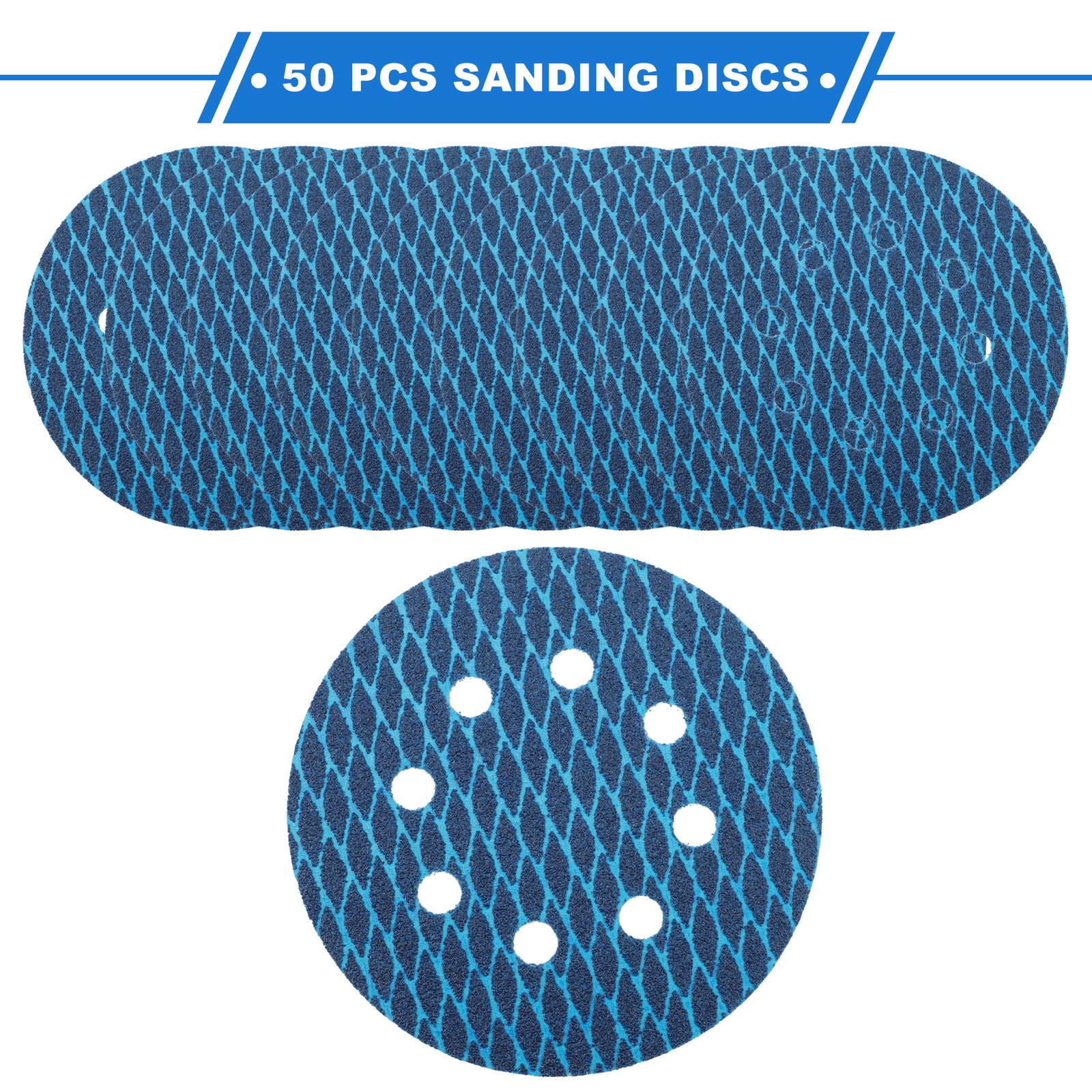 50 Pcs Car Sanding Discs 5 Inch 8 Hole 60 Grit Hook and Loop Sandpaper Blue