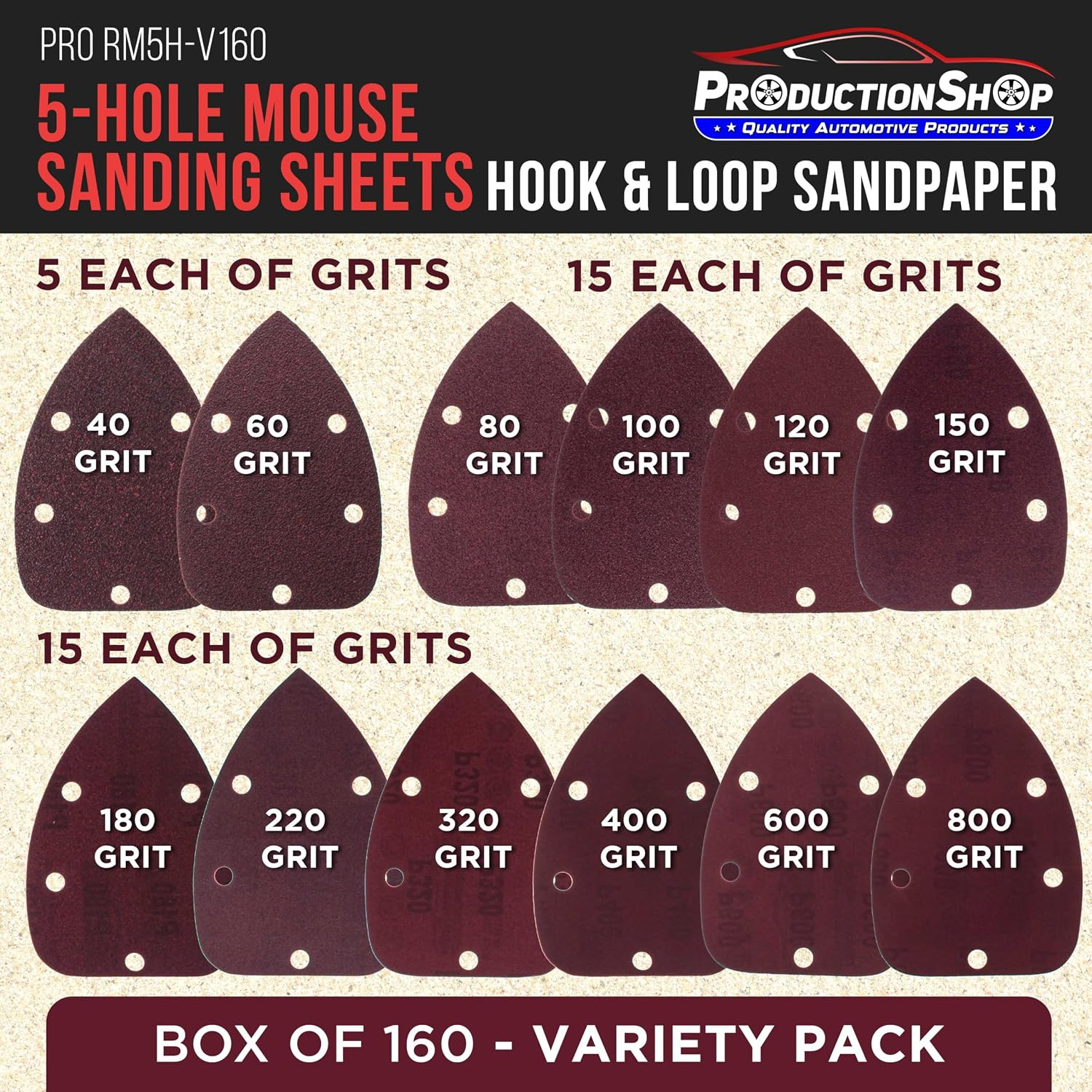 Premium 5-Hole Pattern Mouse Detail Sander Sandpaper Sheets, 160 Disc Variety Pa