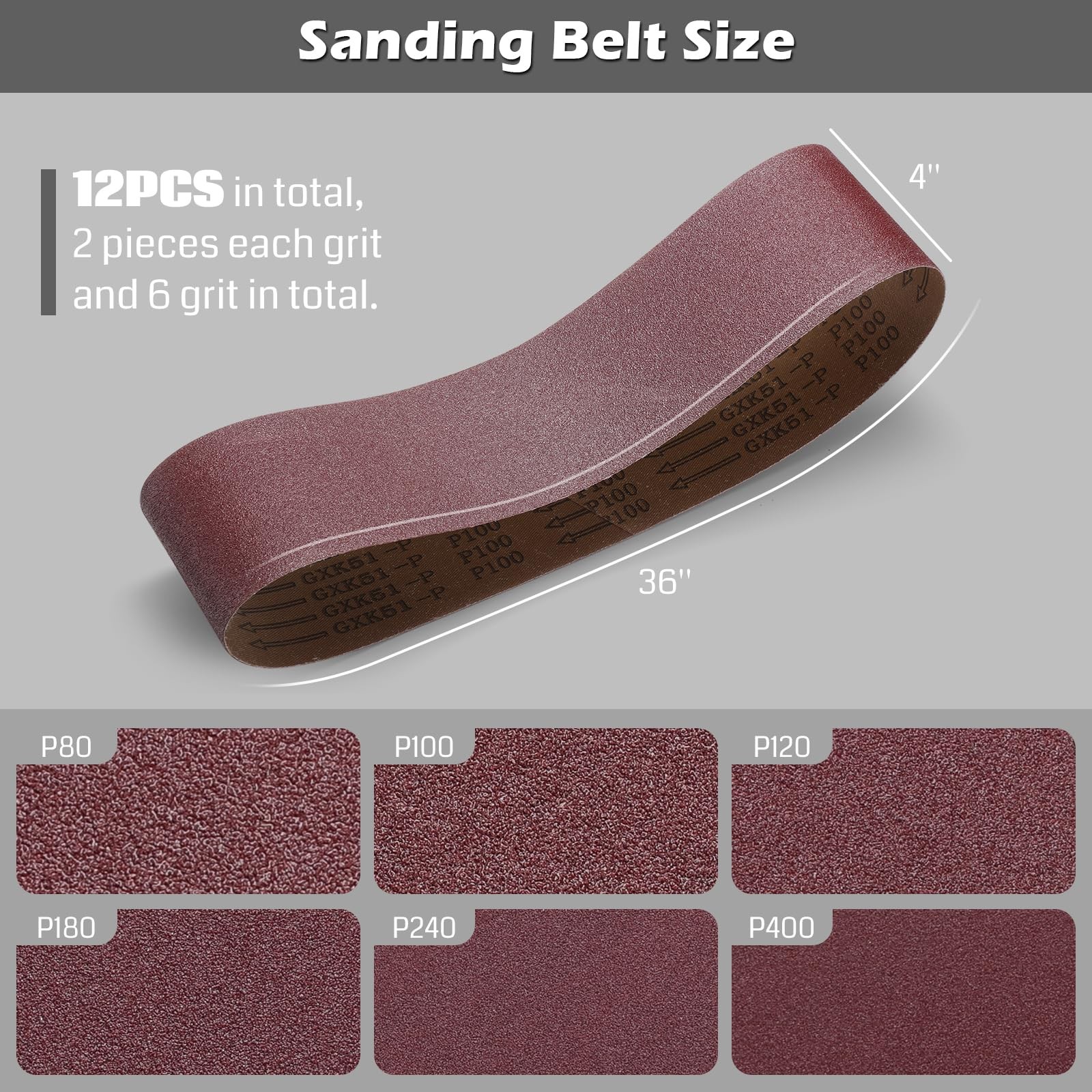 12PCS Aluminum Oxide 4×36 Inch Sanding Belts, 12PCS 6-inch Sanding Disc, 6PCS