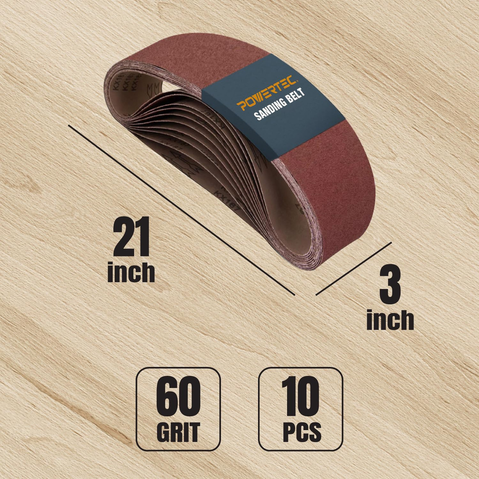 Powertec 3×21 Inch Sanding Belts 10 Pack 60 Grit Aluminum Oxide for Belt Sander