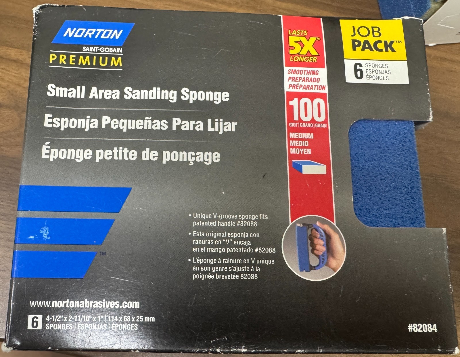 6 Norton Saint-Gobain Premium Sanding Sponge 100 Grit Medium # 82084 – JOB PACK