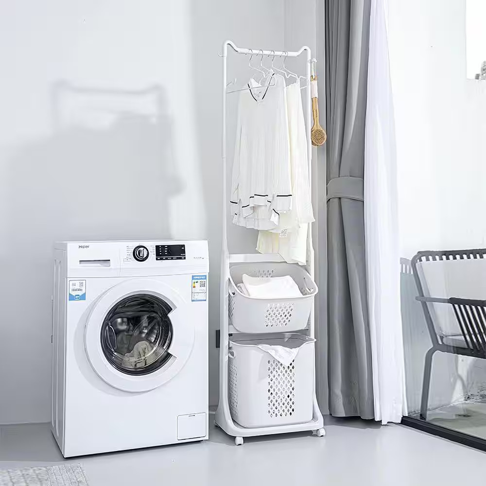 White Plastic 2 Bag Laundry Sorter with Hanging Bar Laundry Baskets on Wheels Re