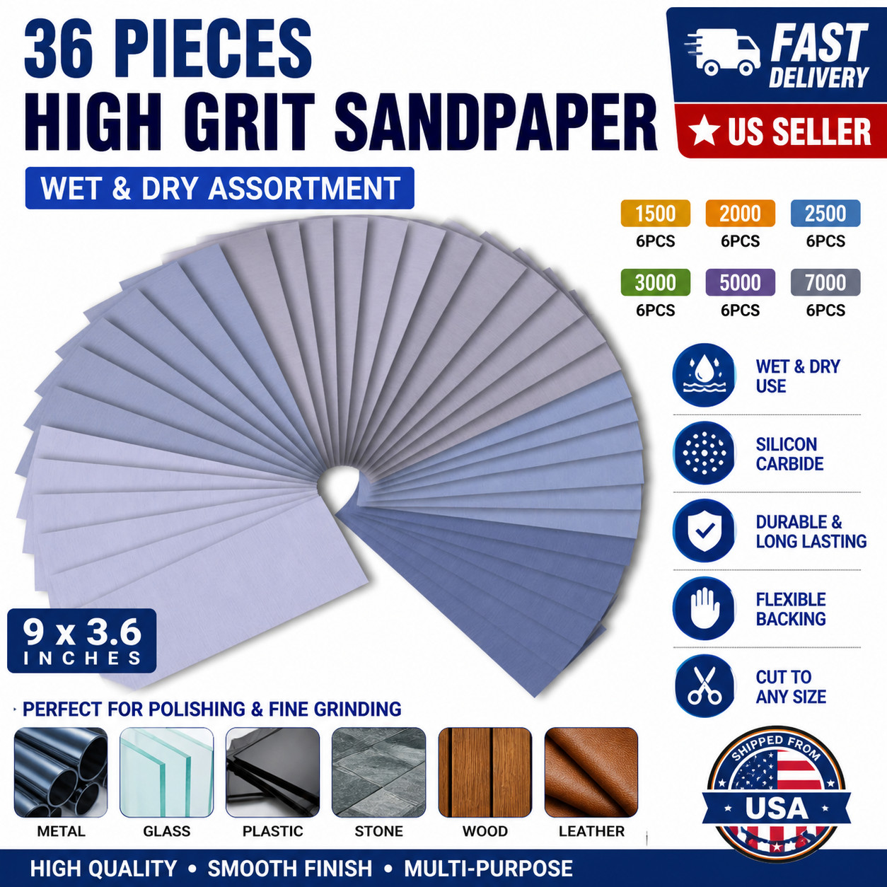 36PCS Wet Dry Sandpaper 1500–7000 Grit Assortment 9×3.6in Fine Abrasive