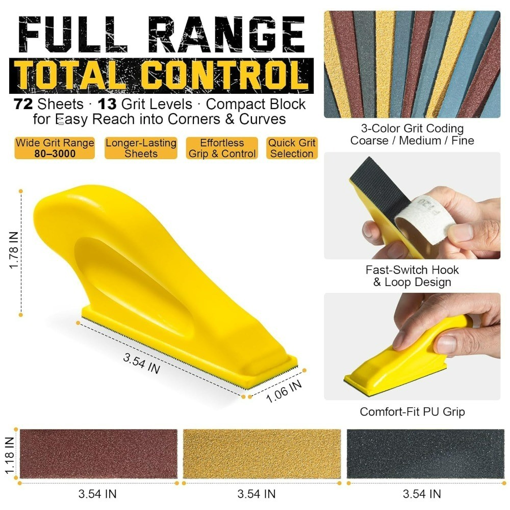 72 PCS Sandpaper Set with Ergonomic Hand Sander and Detail Sander 13 Grit Levels