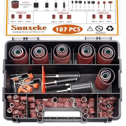 187-Piece Sanding Drum Kit for Drill Press – 2″ Sleeves, Rubber Drums, 1/4″ Shan