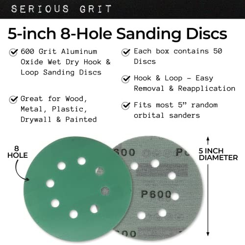 – 5-Inch 8-Hole PSanding Discs – 50 Pack Box | Fits 5″ Random Orbital 600 Grit