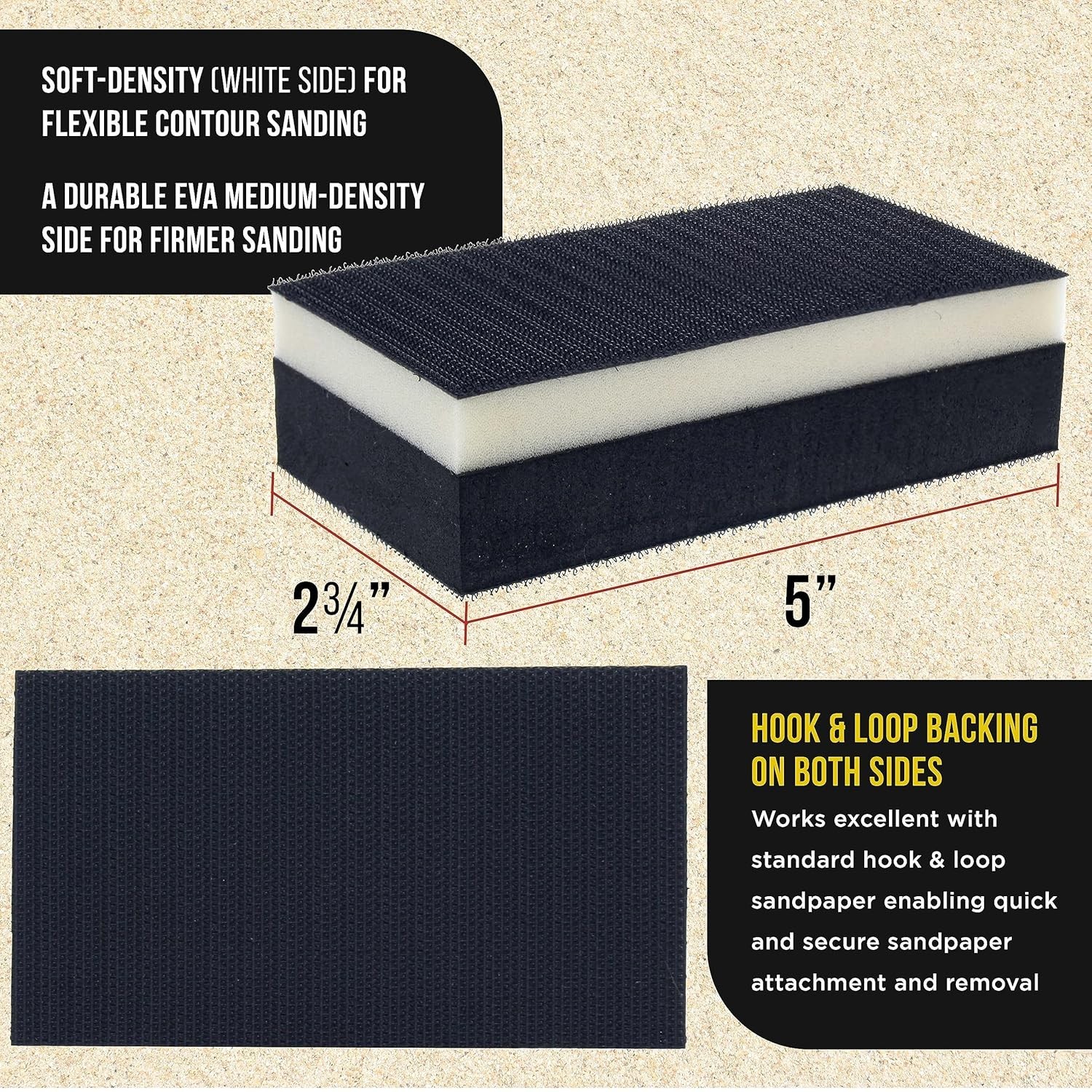 Pro Series Rectangle 5″ x 2-3/4″ Dual Density 2 Sided EVA Sanding Block, Hook…