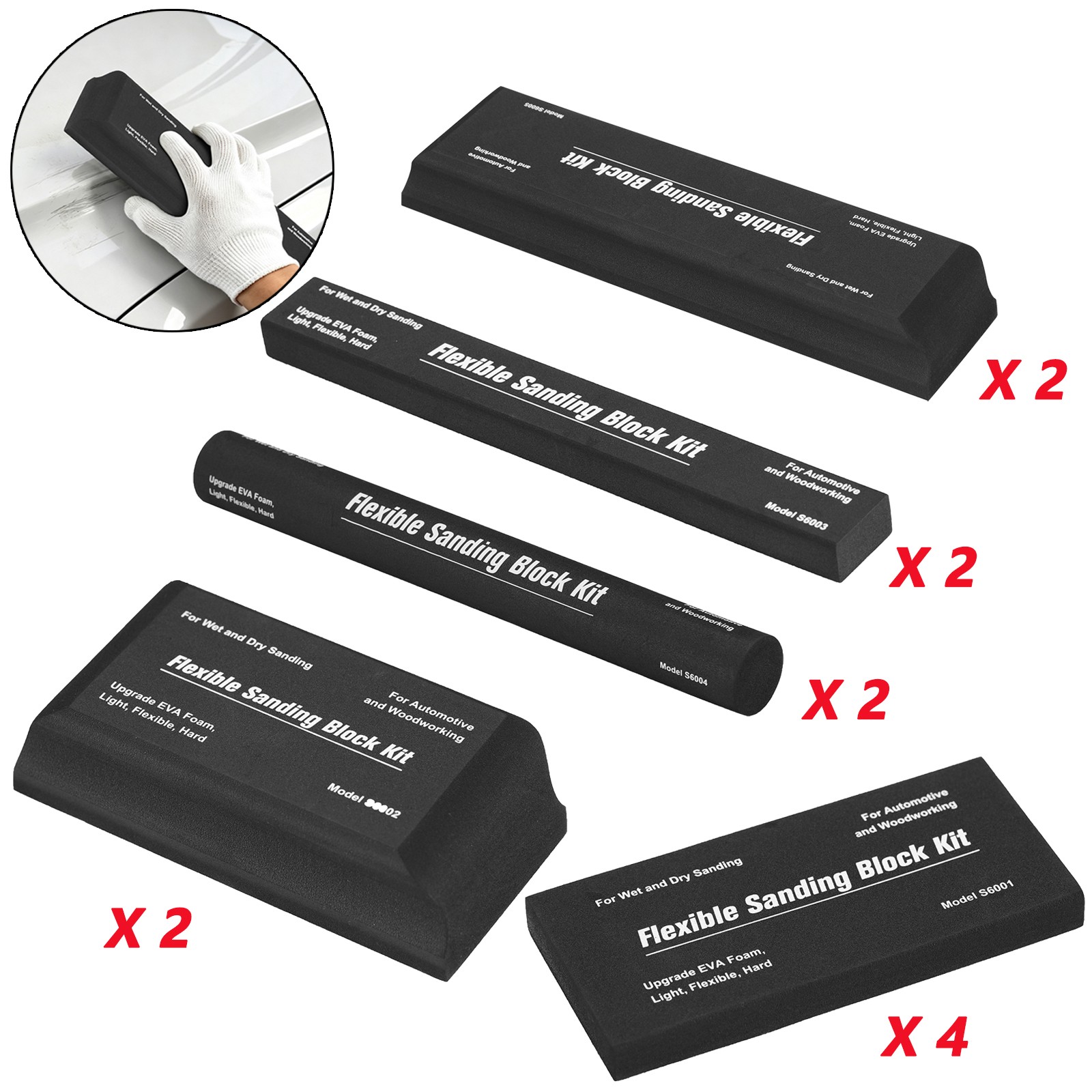 12X Sanding Block Tool Kit Flexible EVA Foam Wet or Dry for Automotive/Woodwork