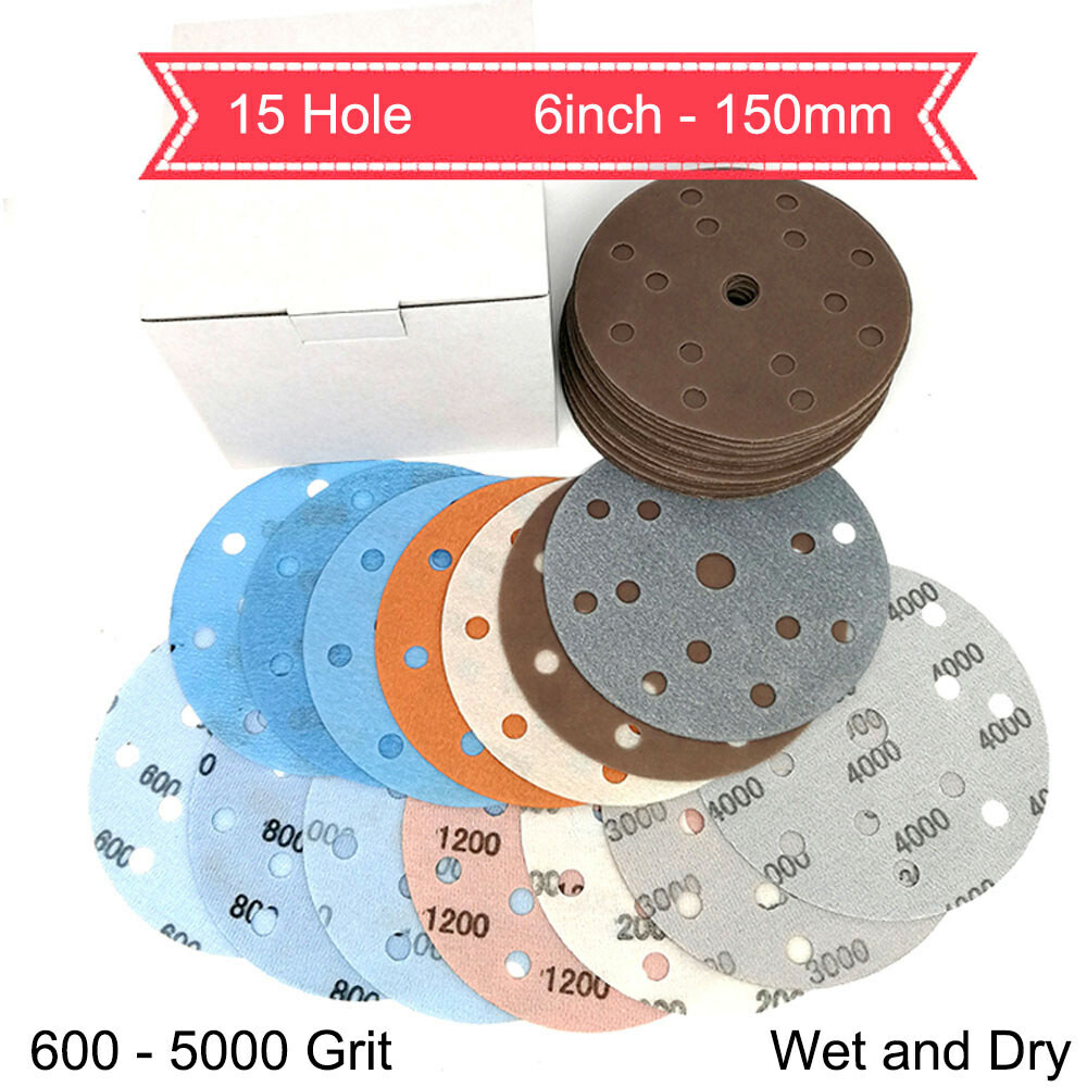 15 Hole Hook and Loop Sanding Disc Pads 600-5000 Grit Sandpaper Orbital 150mm 6″