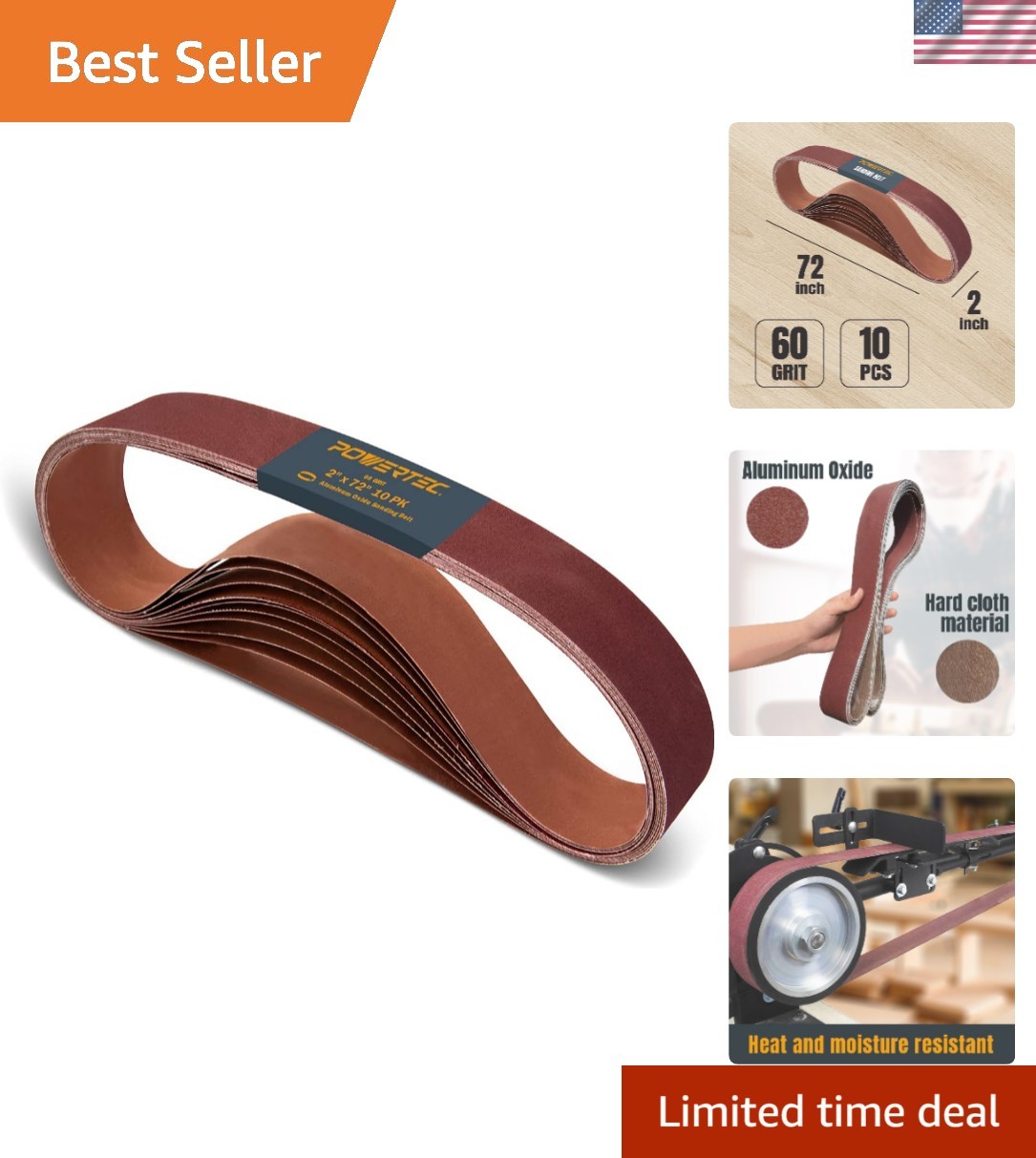Versatile 60 Grit Aluminum Oxide Sanding Belts 2 x 72 Inch – 10 Count Heavy Duty