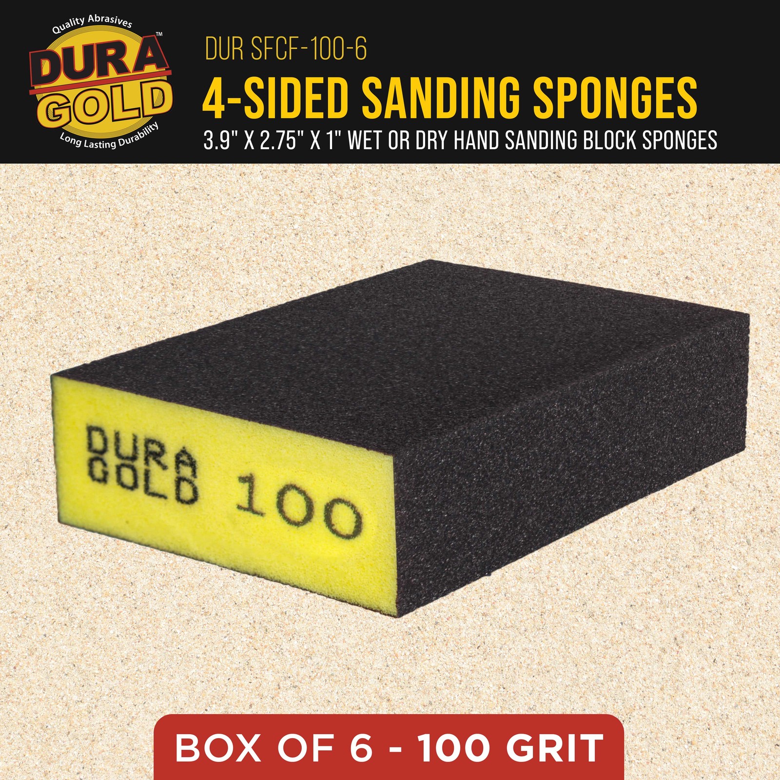 100 Grit 4-Sided Hand Sanding Block Sponges, 6/Box – 3.9″ x 2.75″ x 1″ Wet/Dry