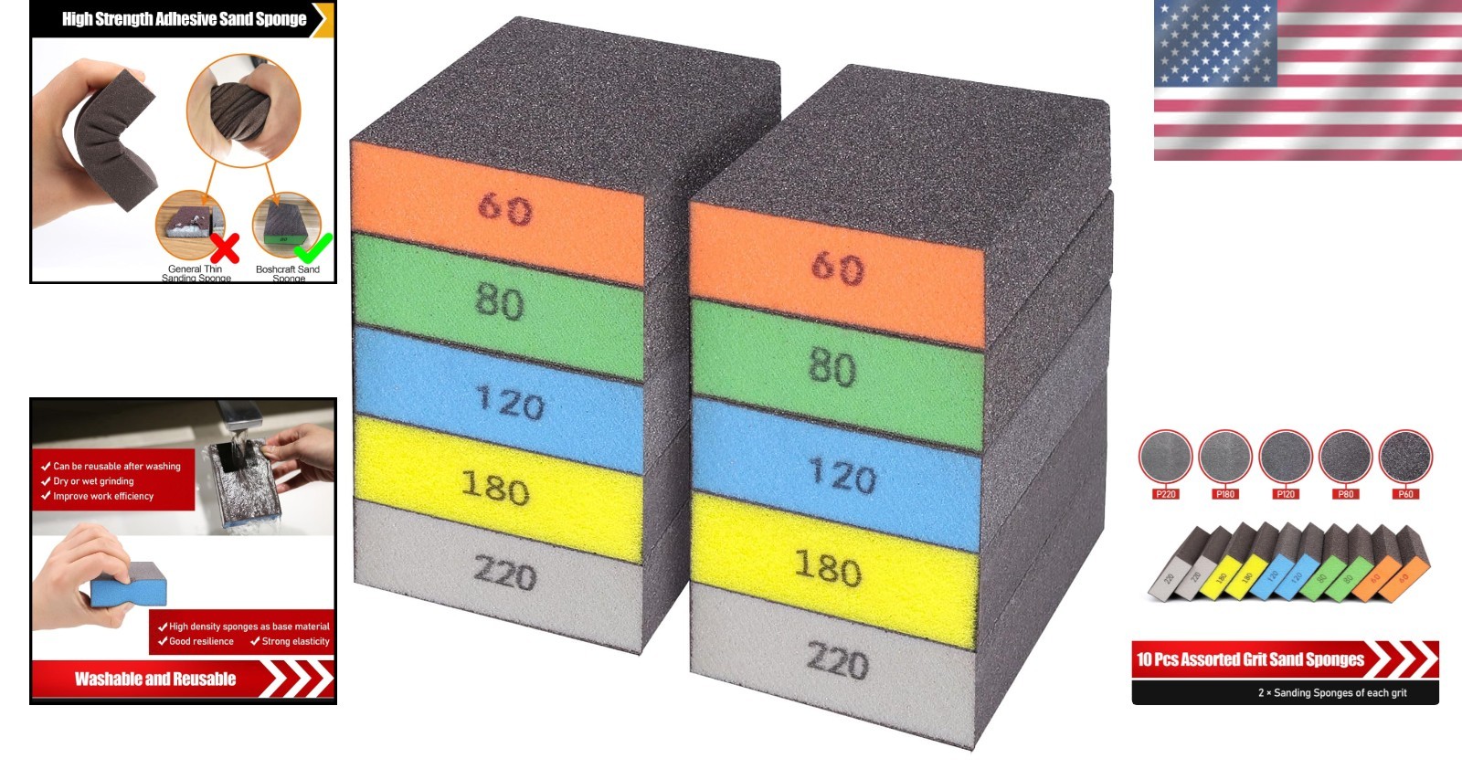 10-Piece Reusable Sanding Sponge Set – Grits 60/80/100/120/180/220 Assortment