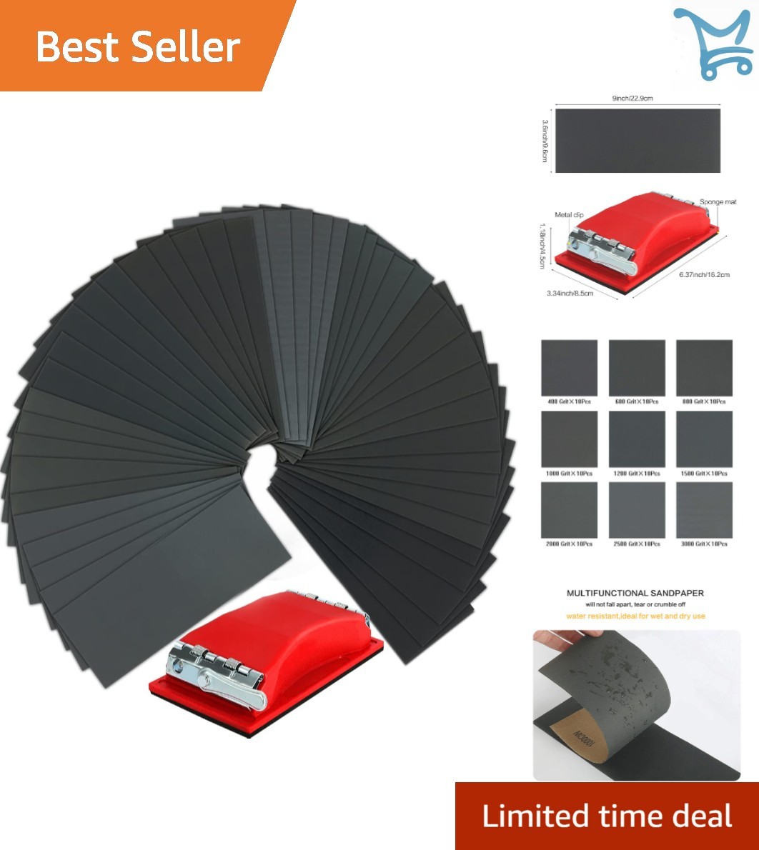 90 Pcs Wet Dry Sandpaper Assortment Grit 400-3000 with Red Handle for Auto Wo…