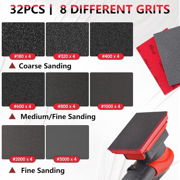 Sanding Sponge Kit 180-3000 Grit Hook Loop Wet Dry Foam Pads for Wood Metal Auto