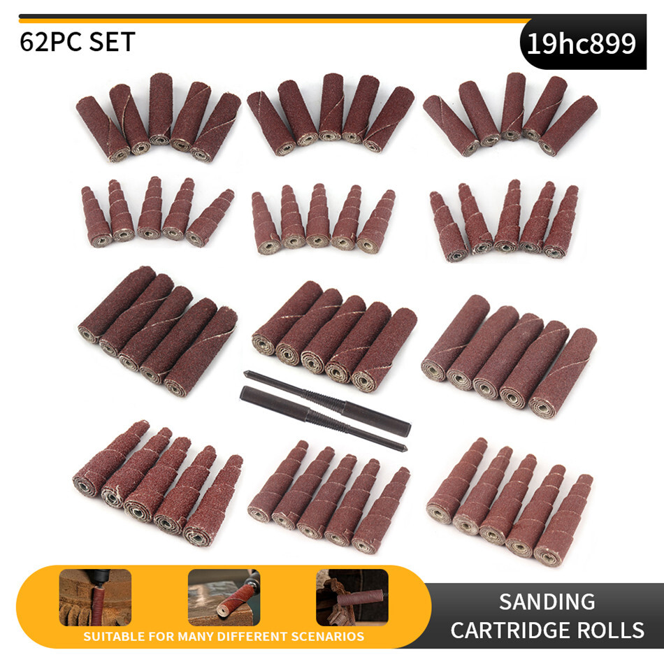 62Pcs Abrasive Sandpaper Sanding Cartridge Spiral Roll Cone Abrasive Wheel Tools