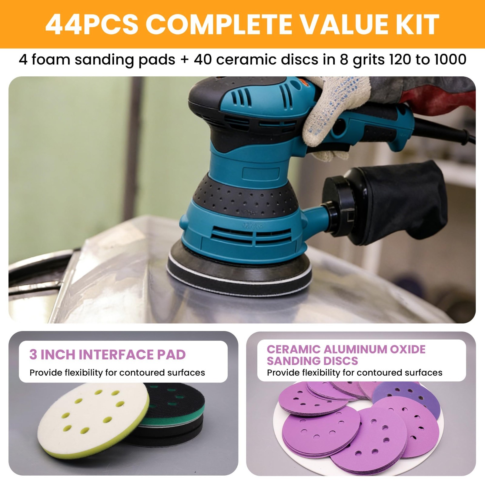 5 Inch Sander Foam Pad Set (4 Pcs) + 5 Inch Ceramic Sanding Discs (40 Pcs) – Hoo