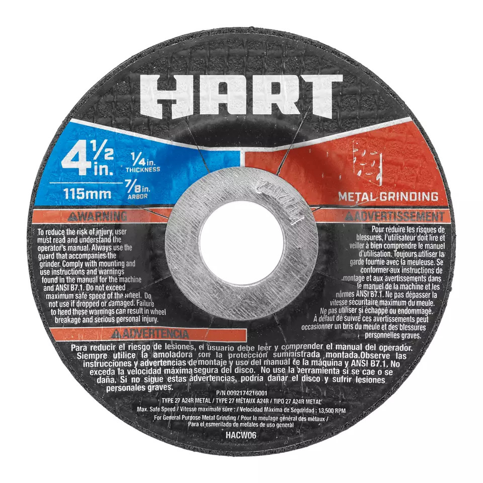 HART 4 1/2 inch METAL GRINDING WHEEL 1/4″ Thick 13500 RPM Type 27 Angle Grinder