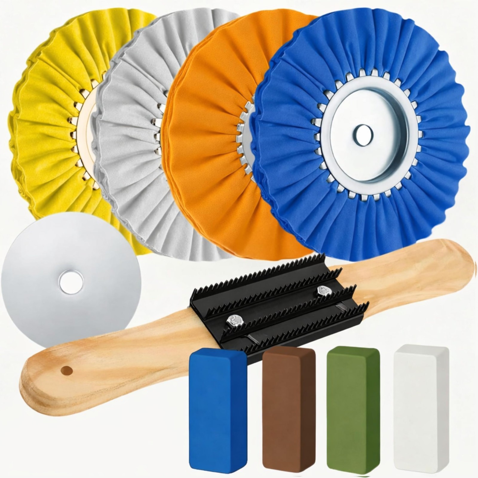 9PCS Aluminum Wheel Polishing Kit – 8″ Buffing Wheels, Rake & Compound for Angle