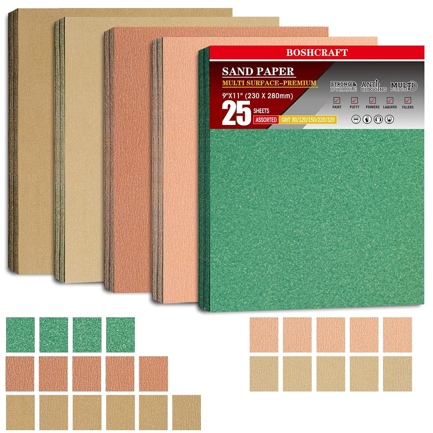 25 PCS Sandpaper Assortment, 9″ X 11″ Sand Paper for Wood Metal Hand Sander – 5