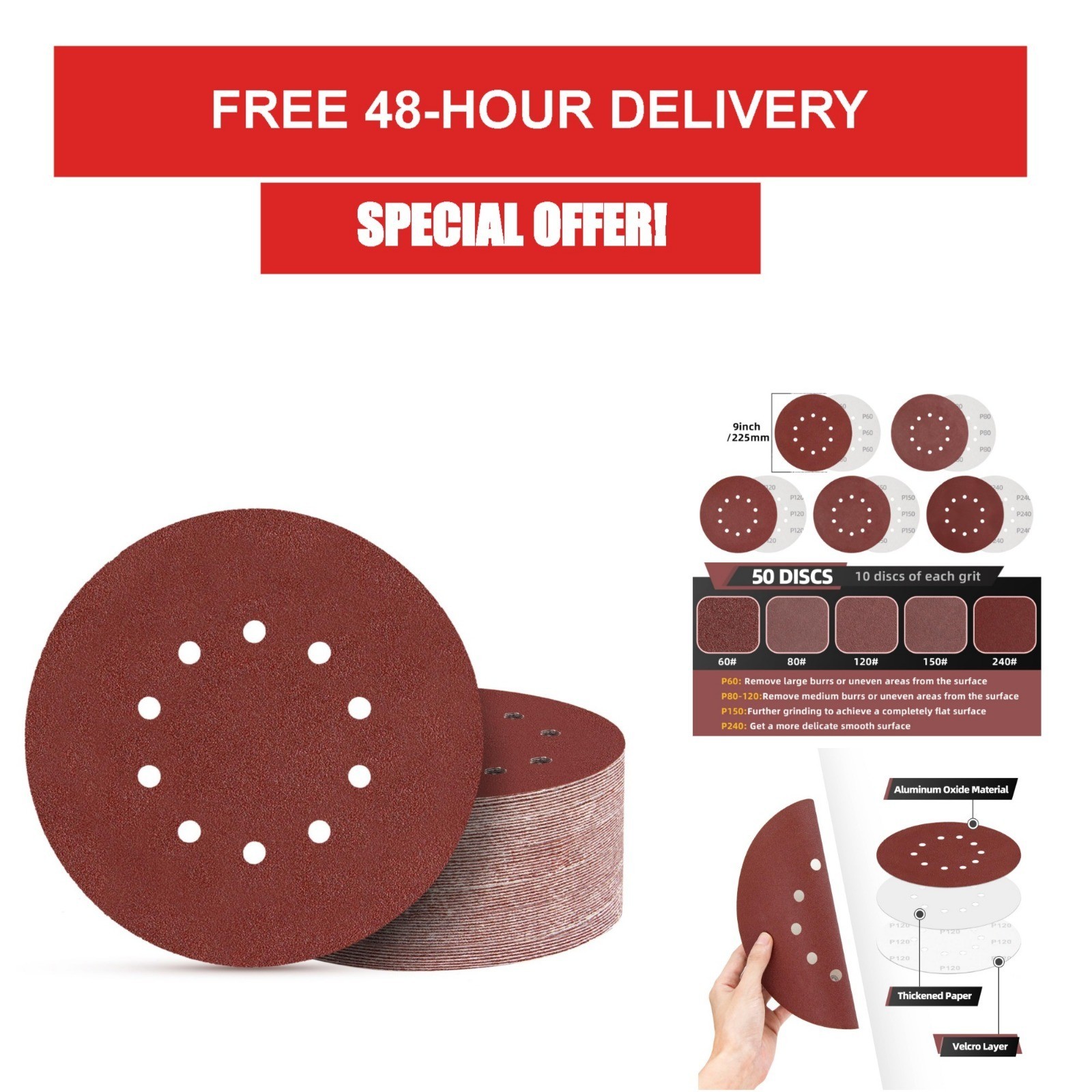 50pcs 9″ Sanding Discs Set – 60 80 120 150 240 Grits for Drywall Sander