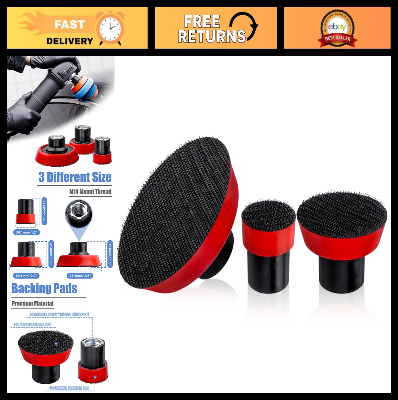3 Pack Hook & Loop Backing Pad for Angle Grinder – M14 Thread Polisher Accessori