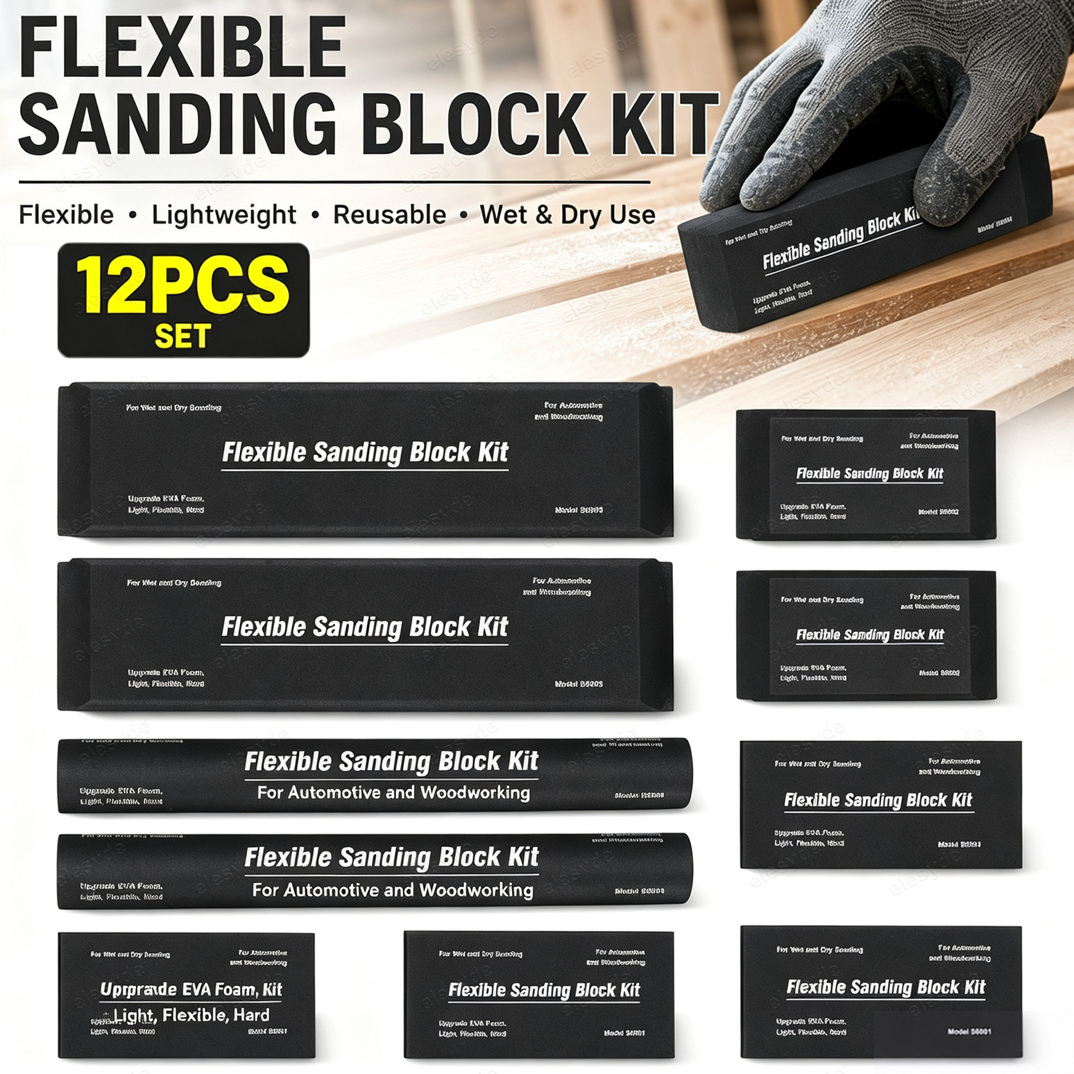 12PCS Sanding Block Kit Flexible EVA Foam Wet or Dry for Automotive or Woodwork