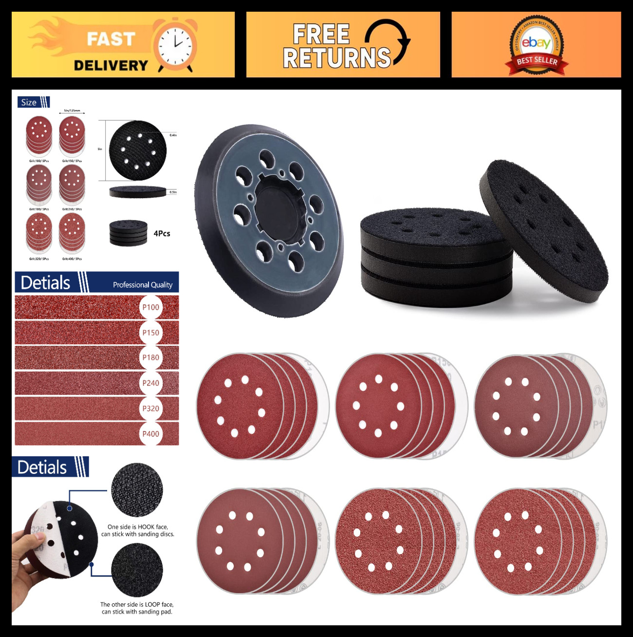 5″ Random Orbital Sander Replacement Pad, 8 Hole Hook & Loop Foam, 100-400 Grit