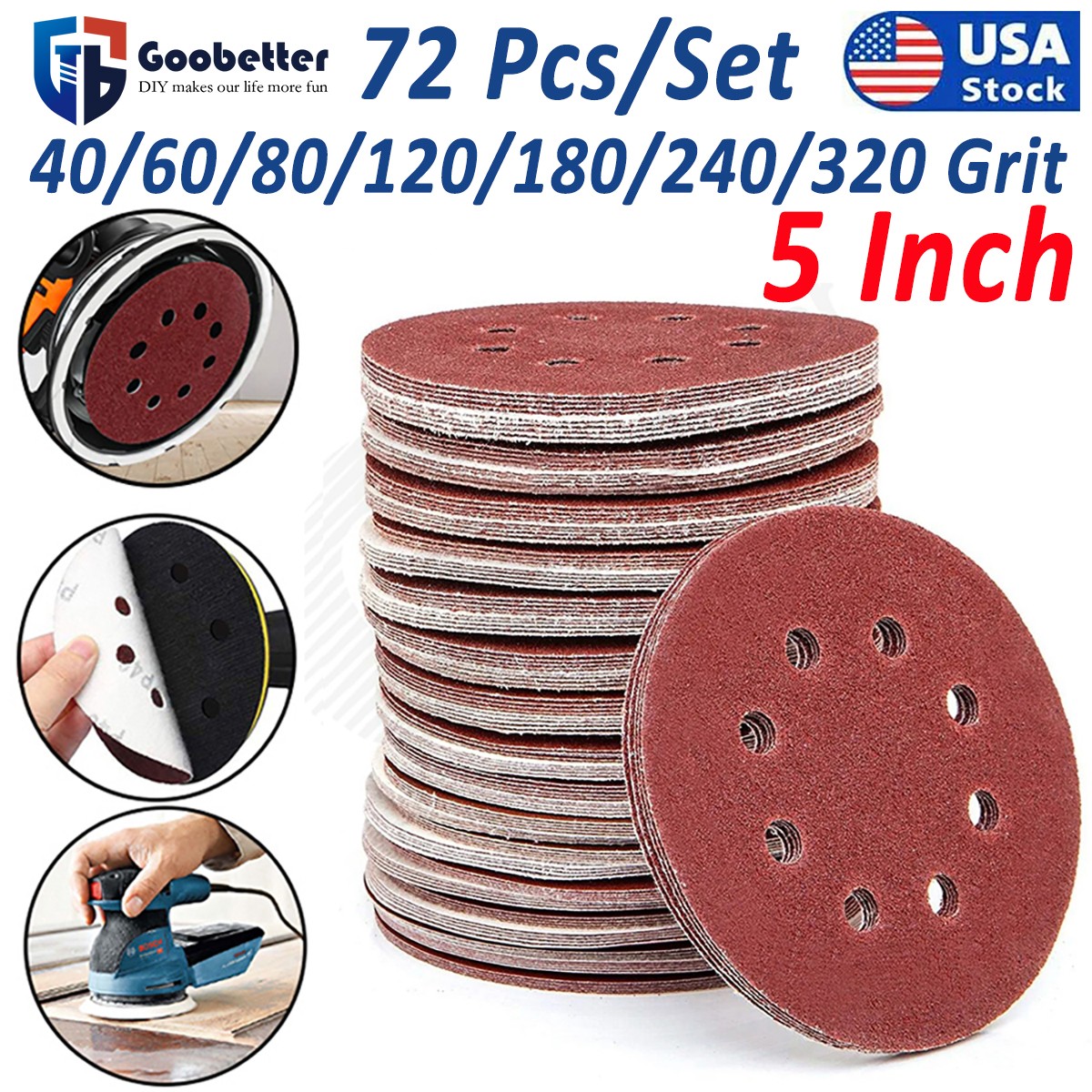 40 60 80 120 320 Grit Sanding Discs 5 inch 8-Hole Hook Loop Orbital Sander Paper