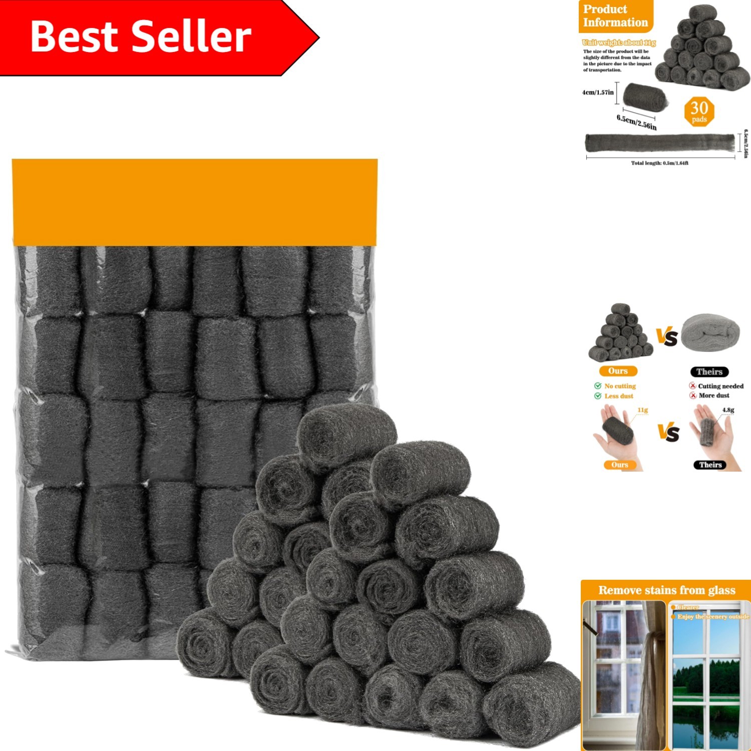 Steel Wool Pads 0000 30PCS – Steel Wool 0000 Roll Glass Wood Fabric Metal Ext…