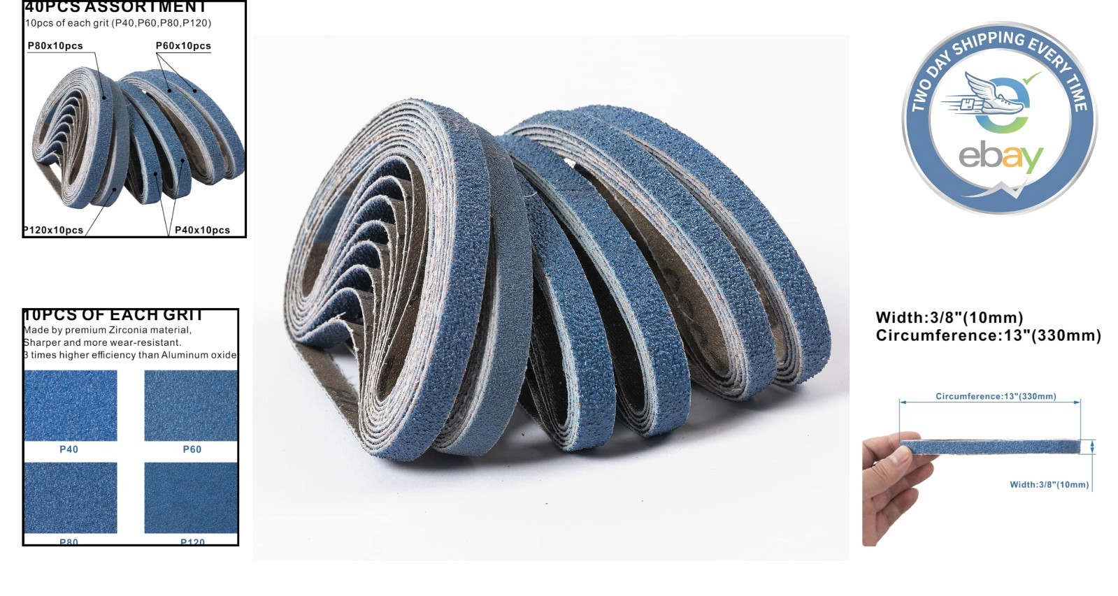 Durable 3/8 x 13” Zirconia Sanding Belts – 40-Pack for Metal Polishing & More