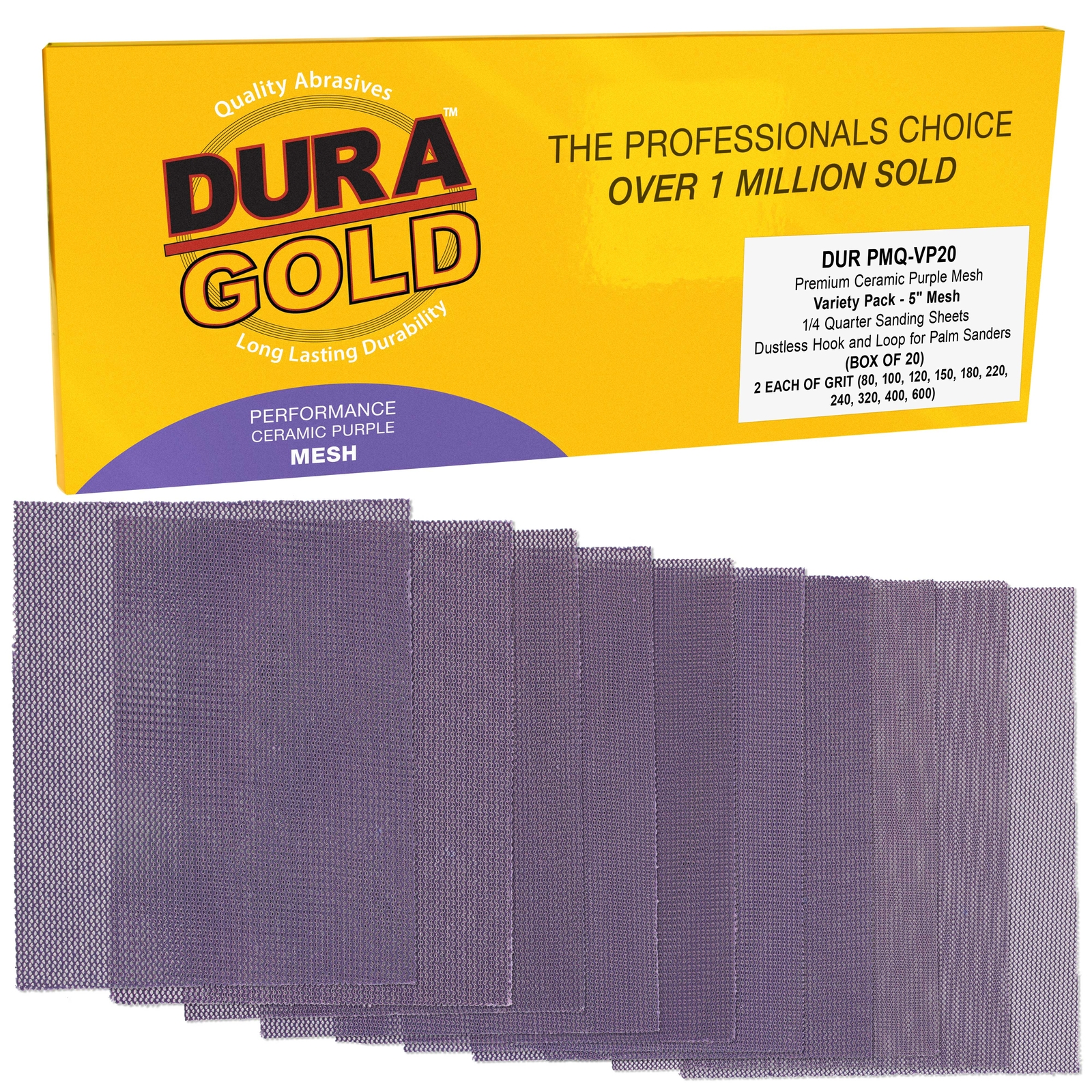 Dura-Gold Variety Pack 1/4 Sheet Size Purple Ceramic Mesh Sandpaper, 20 Sheet
