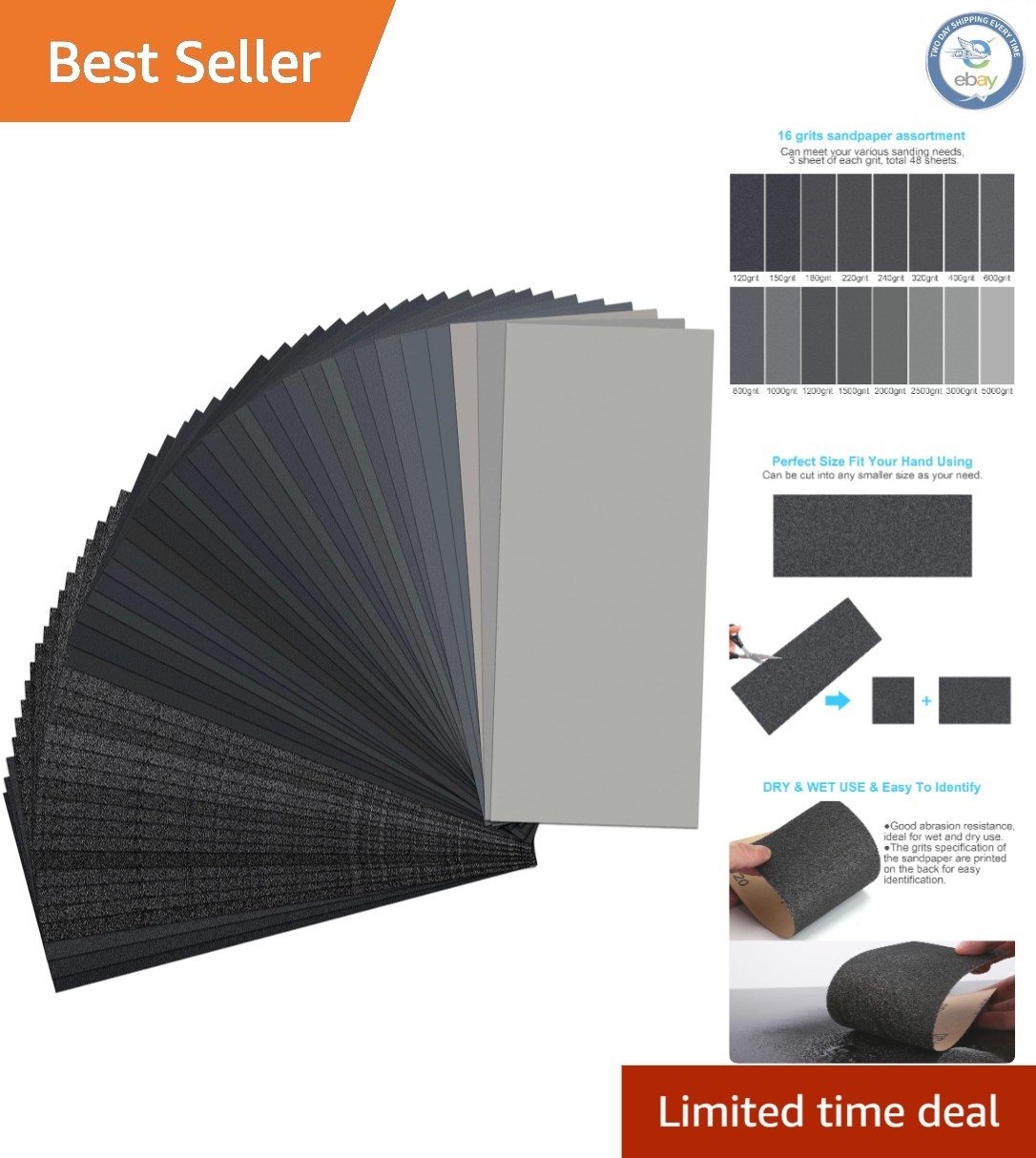 Comprehensive 48 PCS Sandpaper Set for Wood, Metal & Automotive | 120-5000 Grit